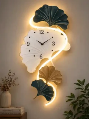 Contemporary LED Illuminated Timepiece with Botanical Foliage Motif – Stylish Glowing Home Accent