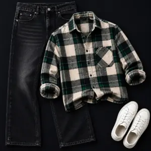 Green & Beige Plaid Shirt with Distressed Black Denim Combo - Affordable Style Set