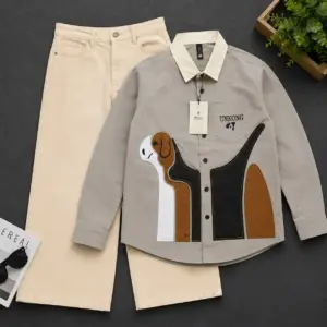 Contemporary Dog Print Casual Shirt & Cream Comfort Trousers Set