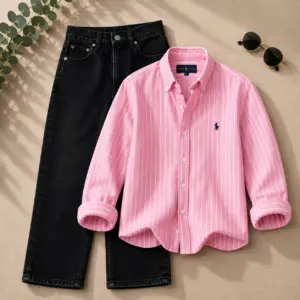 Classic Pink Striped Oxford Shirt & Black Denim Combo Set