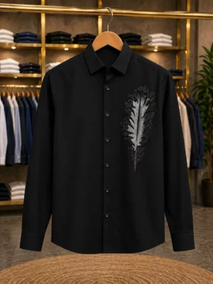 Designer Black Feather Texture Men's Full Sleeve Shirt – Premium Quality