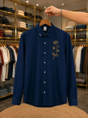 Navy Floral Embroidered Full Sleeve Men's Shirt – Premium Everyday Wear