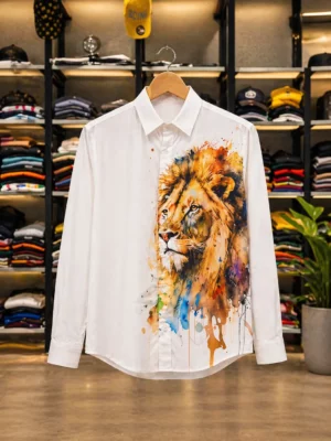 Men's White Casual Shirt with Artistic Lion Print – Contemporary Urban Style