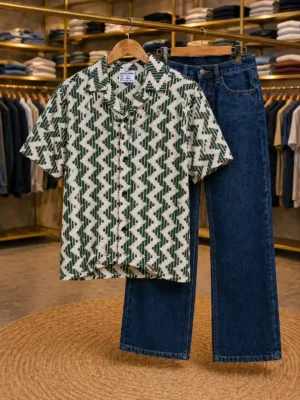 Men's Half Sleeve Casual Shirt in Green & White Zig-Zag Design