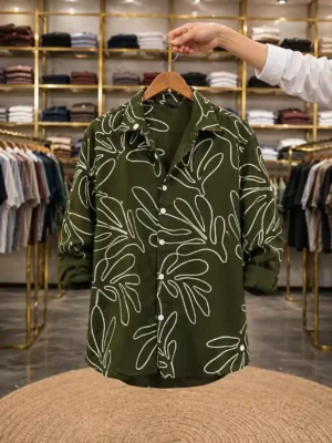 Olive Green Leaf Print Men's Casual Shirt – Full Sleeve Premium Fit