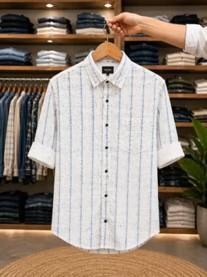 Men's Half-Sleeve Contemporary Printed Shirt with White & Blue Textured Pattern