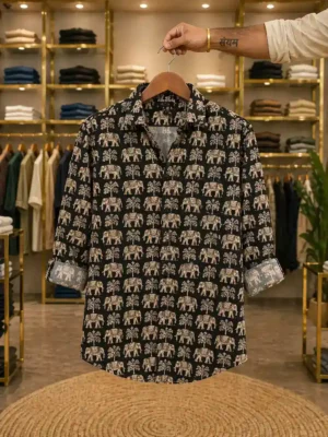 Black Elephant Print Full-Sleeve Men's Casual Shirt – Contemporary Designer Wear