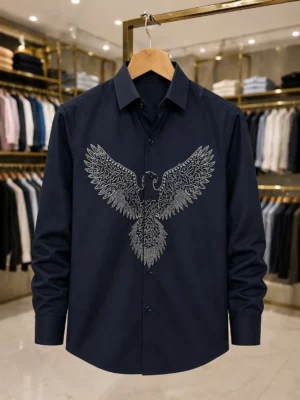 Men's Navy Blue Eagle Embroidered Full Sleeve Casual Shirt – Premium Quality