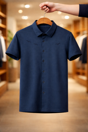 Navy Blue Men's Button-Up Shirt with Minimalist Avian Motif