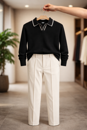 Charcoal Textured Polo & Neutral Trousers - Men's Versatile Smart Casual Set