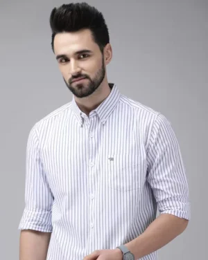 Classic Navy & White Pinstriped Oxford Shirt for Men — Professional & Casual Versatility