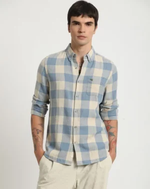 Blue & Beige Check Cotton Shirt – Elevated Casual Style with Polished Professional Touch