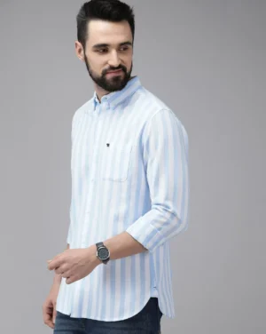 Sky Blue & White Vertical Stripe Cotton Shirt – Modern Smart Casual Style for Men
