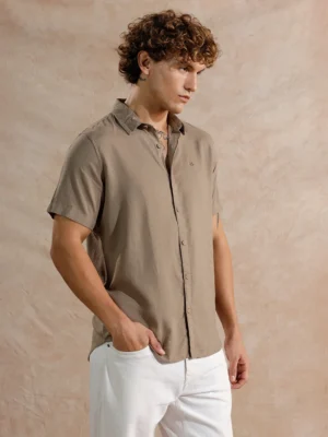 Taupe Brown Men's Short Sleeve Casual Button-Up Shirt