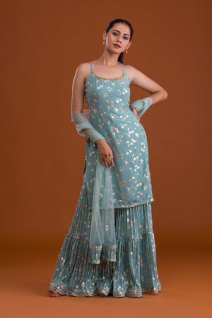 Jade Toned Print Georgette Designer Sharara Suit