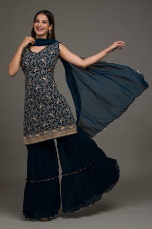 Peacock Blue Embroidered Georgette Salwar Suit - Traditional Indian Ethnic Wear