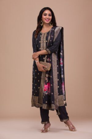 Elegant Black Zariwork Art Silk Readymade Salwar Suit