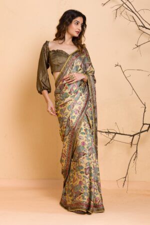 Yellow Floral Printed Organza Designer Saree
