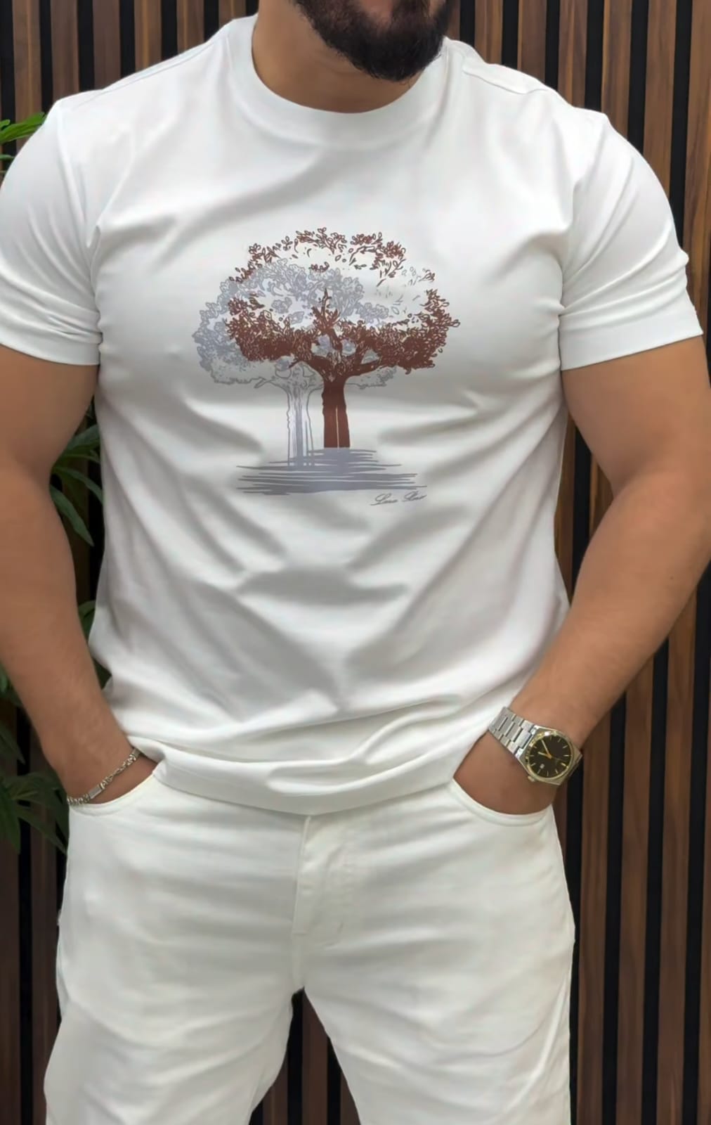 White Tree Print Round Neck T-Shirt