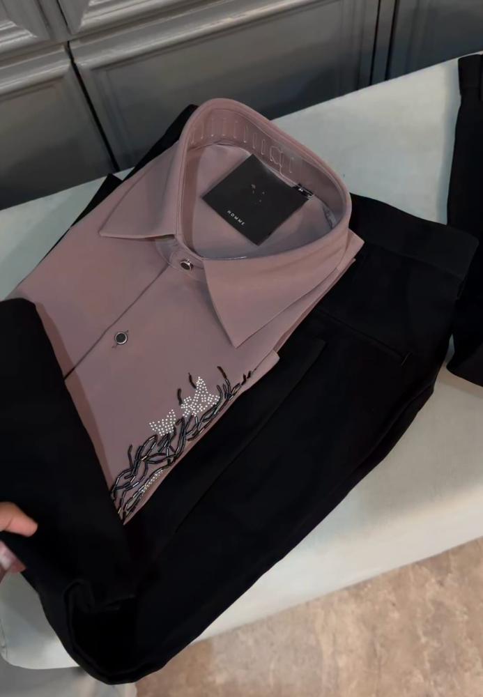 Men's Dusty Pink Embellished Party Shirt with Black Trousers – Co-ord Set
