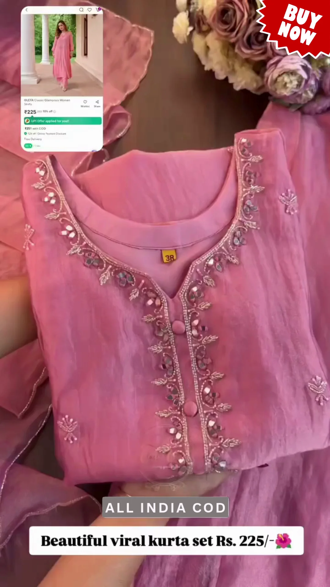 Elegant Pink Organza Kurta Set with Mirror Work - image 3