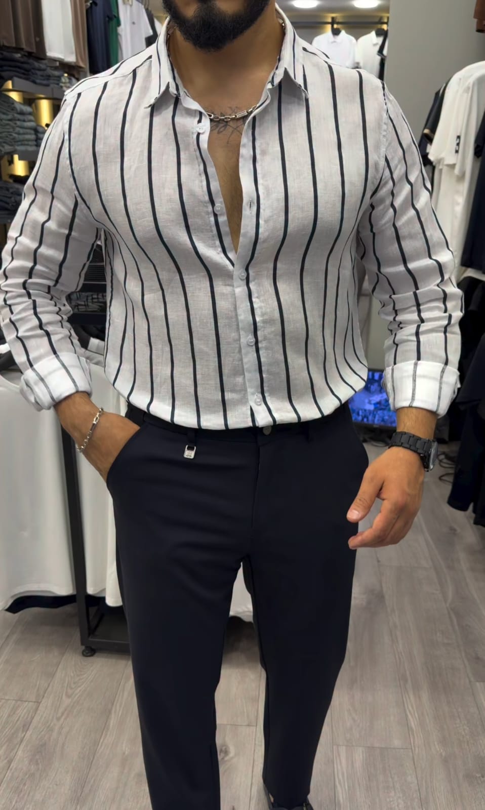 White & Black Vertical Striped Linen Shirt - Premium Comfort at ₹149