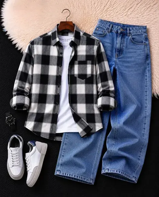 Men's Black & White Checked Shirt with Light Blue Wide-Leg Denim Jeans Combo - image 2