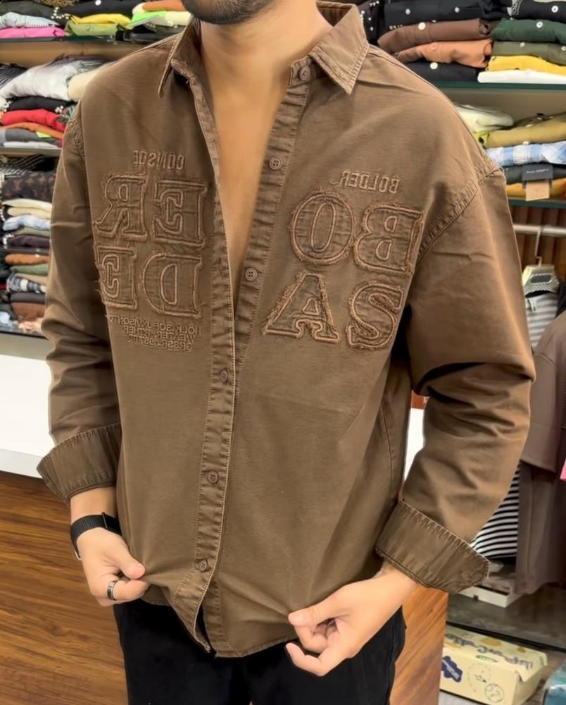 Men's Brown Oversized Applique Shirt – Full Sleeve Washed Cotton Drop Shoulder Overshirt