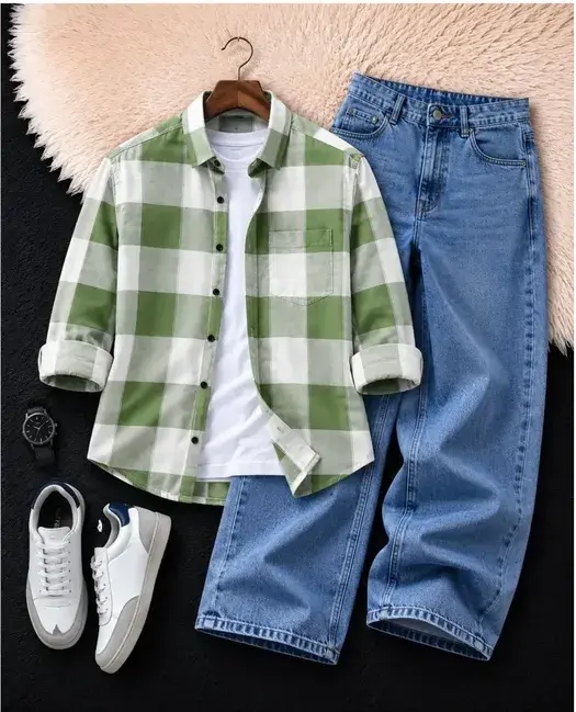 Men's Forest Green Check Shirt & Classic Blue Wide-Fit Denim Jeans Set - image 2
