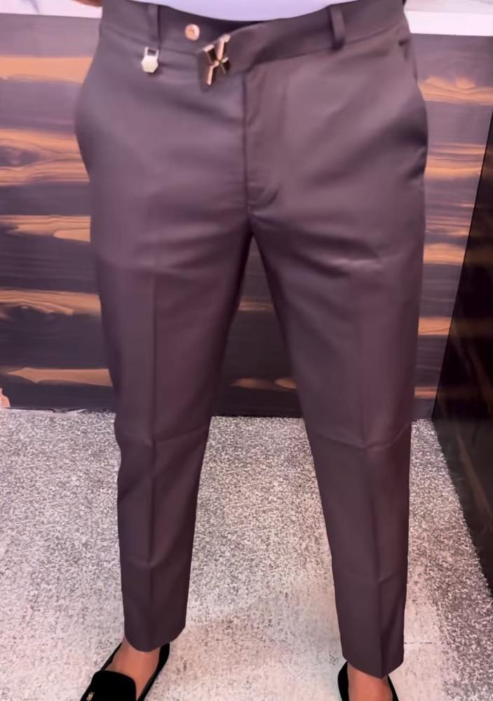 Men’s Wine Slim Fit Ankle Length Formal Trousers with Side Buckle Detail