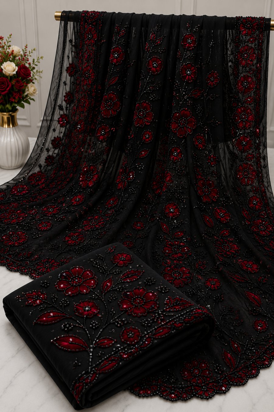 Black Net Saree with Red Floral Bead & Sequin Work