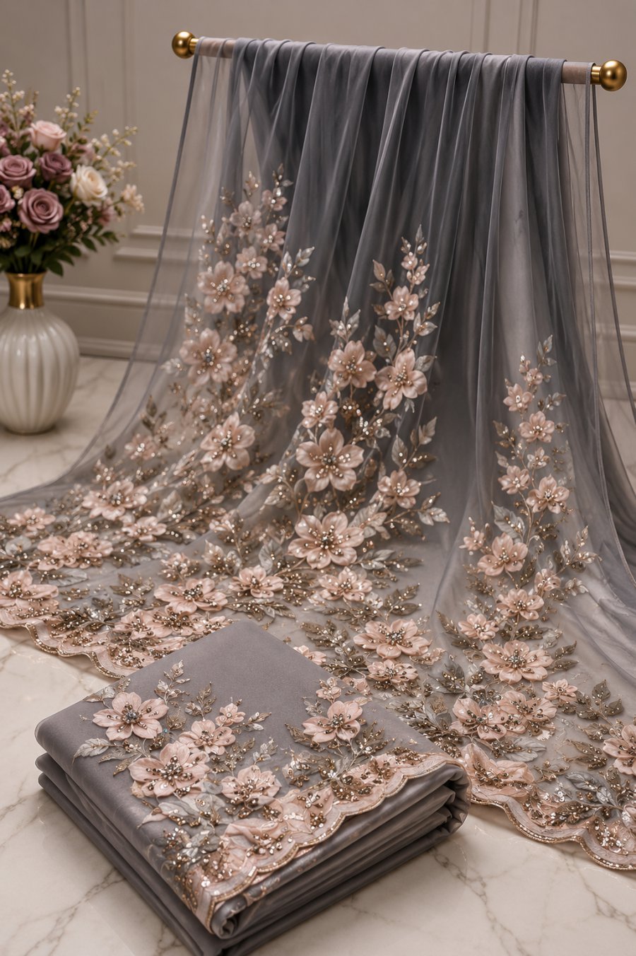 Grey Net Saree with Pink 3D Floral Sequin Work
