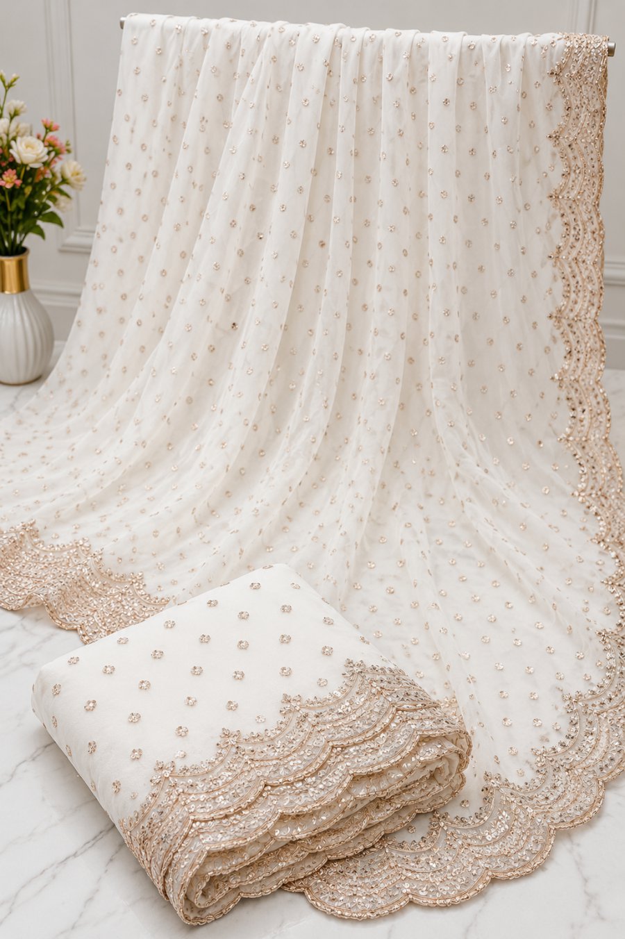 Cream Georgette Saree with Gold Sequin Scalloped Hem