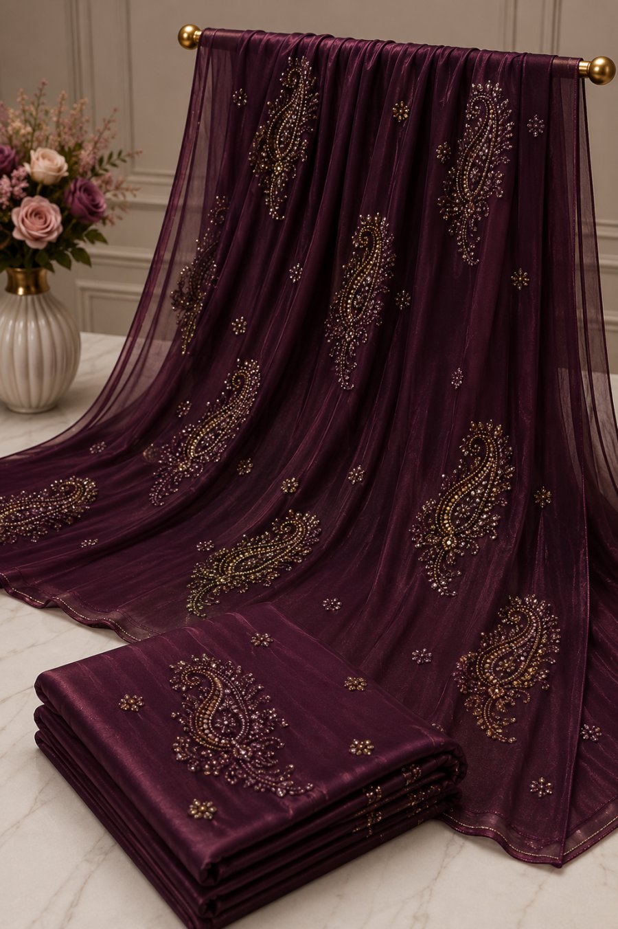 Plum Wine Saree with Hand-Beaded Golden Paisley Embroidery