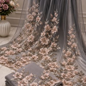 Grey Net Saree with Pink 3D Floral Sequin Work