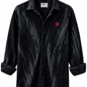 Men's Black Acid Wash Denim Shirt with Red Star Badge