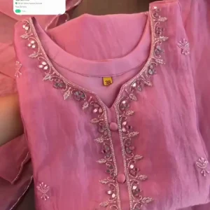 Elegant Pink Organza Kurta Set with Mirror Work