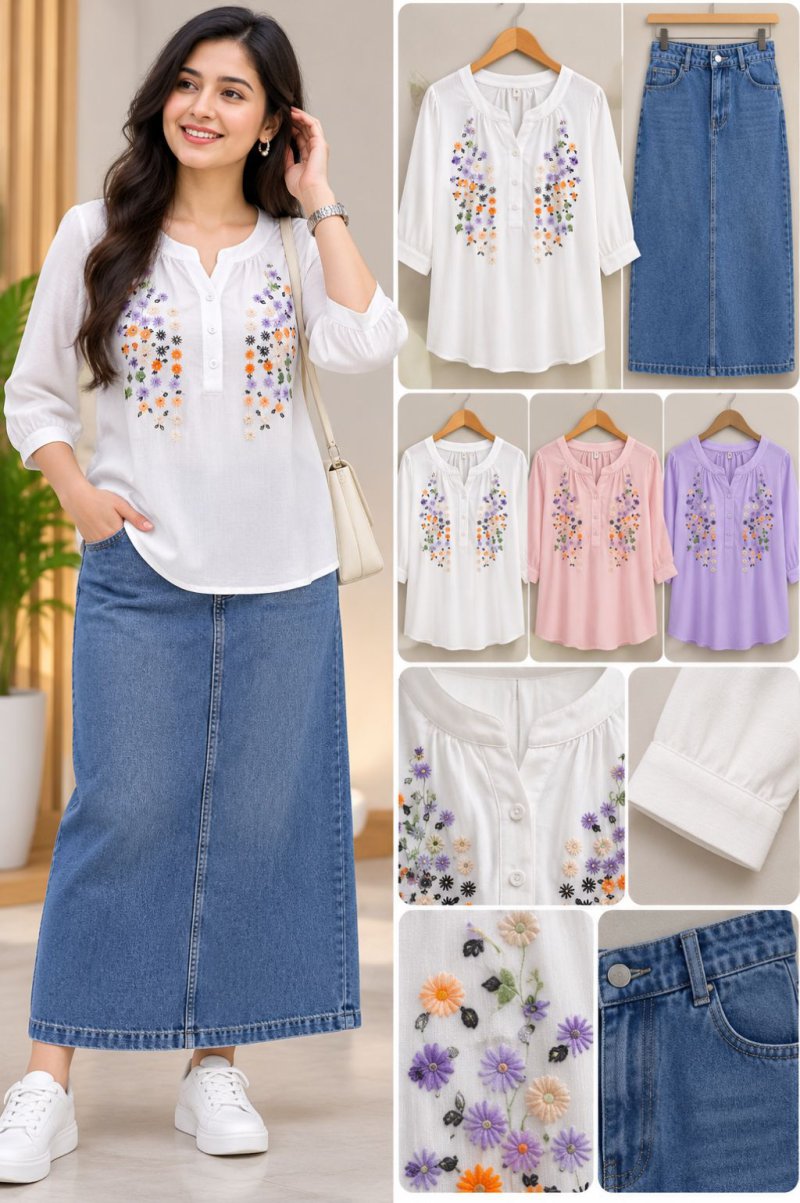 Ladies White Embroidered Top with Denim Skirt Co-ord Set