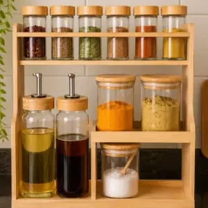 Eco-Friendly Bamboo Kitchen Storage System with Glass Spice Containers & Oil Bottle Dispenser
