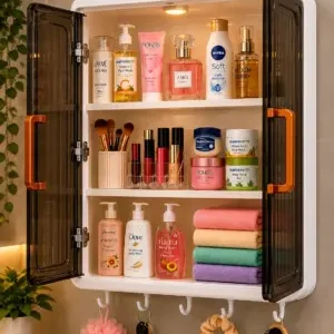 Elegant Wall-Mounted Bathroom Storage Cabinet featuring Integrated Hooks