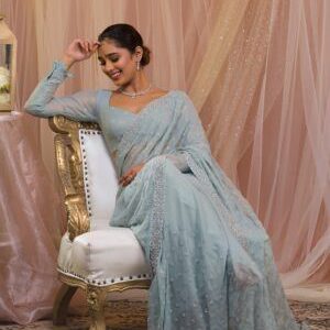 Sky Blue Georgette Designer Saree