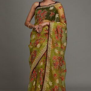 Red Printed Organza Designer Saree
