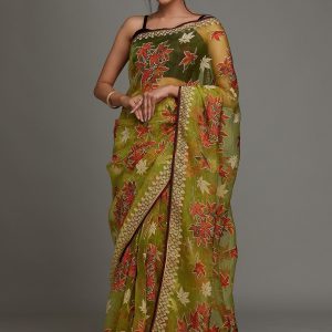 Vibrant Parrot Green Organza Saree with Printed Details