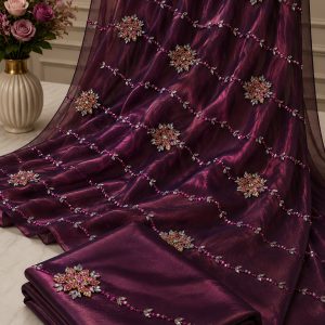 Wine Purple Organza Saree with Rhinestone Floral Motifs